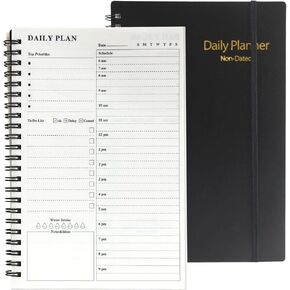 Daily Planner Undated, A5 To Do List Notebook with Hourly Schedules, Spiral Time Management Organizer for Man Women, 8.3" x 5.6" 152 Pages Black