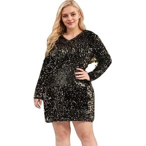 Henly Women's Plus Size Sequin Glitter Dress V Neck Bodycon Party Club Cocktail Evening Mini Dresses