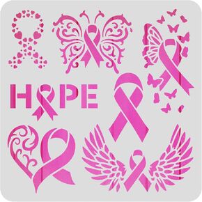 BENECREAT Ribbon Pattern Plastic Painting Stencils Templates, 12x12 inch Ribbons Wings Butterflies Heart Breast Cancer Prevention Theme Stencils for Painting on Walls, Arts and Crafts