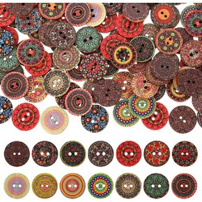 Vintage Wooden Buttons for Crafts, 100 Pieces Assorted Decorative Craft Buttons Fancy Sewing Buttons Buttons Mixed Round 2 Holes Wood Buttons for Clothes Sewing DIY Crafts Projects Decorative(25mm)