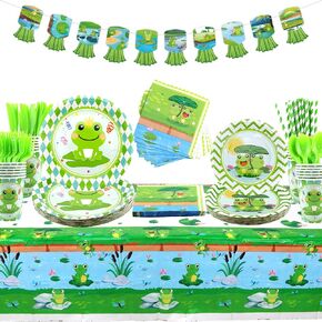 Frog Party Supplies Set Includes Paper Plates, Napkins, Cups, Knives, Spoons, Forks, Tablecloth and Banner for Baby Shower Children Boys Girls Farm Birthday Party Decorations Dinnerware Serves 20 (20)