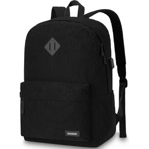 Black Backpack for School Teens Boys and Girls, Lightweight Casual Soft Corduroy Backpack for Men and Women, Large Cute Kids Bookbag, Daily-use Backpack with USB Charging Port Fits 15.6 Inch Notebook