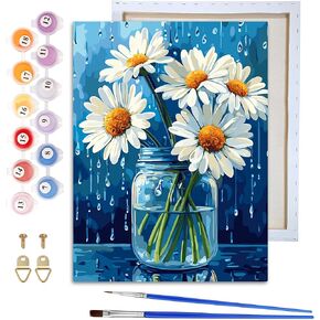 VAIIEYO Framed Paint by Numbers Kit for Adults Daisy, Flower Canvas DIY Oil Painting Kit with Paintbrush and Acrylic Pigment, Arts Craft for Home Wall Decor(8x12 inch/20x30cm)