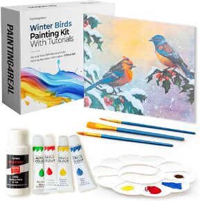 مجموعة أدوات الرسم DIY من Painting4Real للبالغين مع دروس فيديو: تعلم كيفية رسم الطيور الشتوية - زينة عيد الميلاد الداخلية - قم بتعليق صورة عيد الميلاد/الفن كديكور للحائط بمجرد الانتهاء