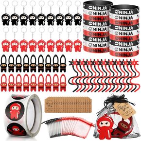 HyDren 109 Pcs Ninja Party Favors for 18 People Include Ninja Slingshot Sticky Stretch Toys Rubber Keychains Silicone Wristband Stickers Organza Bag Thank Tags for Birthday Party