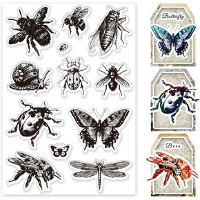 PH PandaHall Insect Theme Silicone Stamps Set 12pcs Transparent Rubber Stamps Bee Butterfly Dragonfly Clear Stamps for Journaling Scrapbooking Acrylic Vintage Stamps for Paper Card Crafting