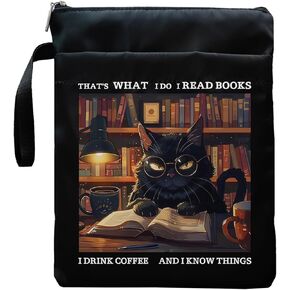 Inspirational Quotes Book Sleeve, Book Covers with Zipper, Book Sleeves for Book Lovers, Cat & Book Book Pouch Protector, That's What I Do I Read Books I Drink Coffee and I Know Things