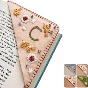 Personalized Hand Embroidered Corner Bookmark 26 Letters Felt Triangle Corner Page Bookmark Handmade Stitched Book Marker Cute Flower Bookmarks for Book Reading Lovers Meaningful Gift (C, Spring)
