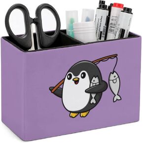 Niapessel Pencil Holder for Desk, Cute Penguin Fishing Pen Holder Storage Desktop Pen Organizer Desk Pencil Organizer Makeup Brush Holder for Office School College Leather