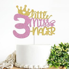 Little Miss Threenager Cake Topper Girls 3rd Birthday Party Decorations Gold & Pink Glitter 3rd Birthday Party Cake Decor Baby Girl Three Years Old Birthday Party Supplies