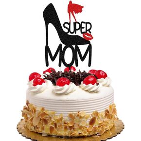 Super Mom Cake Topper, Happy Mother's Day/Best Mom Ever, Glitter Funny Happy Birthday Mom Birthday Party Decorations, Black and Red