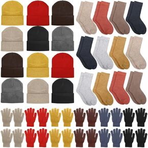 Hillban Winter Beanie Hat Gloves Set with Warm Socks Bulk, Knitted Beanie Cap Thick Thermal Winter Gloves Socks Pack