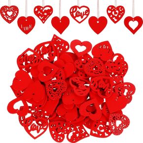 80 Pieces Valentine's Unfinished Heart Shaped Wood Slices Pre-drilled DIY Heart Slices Wooden Heart Ornaments with Natural Twine (3 x 3 Inches, Red, Pink, Wood Color, White, Purple)