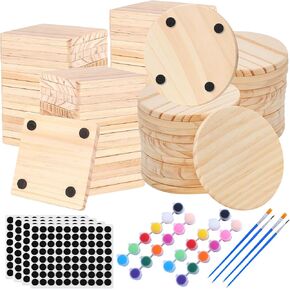 kuchisity 72 Pcs Unfinished Wood Coasters, 4 Inch Blank Wooden Coasters Coasters for Crafts Square and Round Wooden Craft Coasters with Non Slip Foam for DIY Stained Painting Wood Engraving