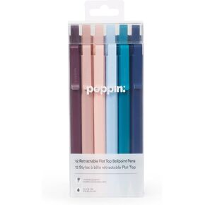 Poppin Flat Top Ballpoint Pens, Set of 12 Retractable Ballpoint Pens in Assorted Colors with Black Ink, Medium 1mm Tip, Unique Flat Top Design, Powder Coated Matte Finish
