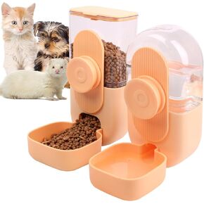 Hanging Automatic Pet Food and Water Dispenser, Auto Gravity Rabbit Ferret Bunny Hedgehog Feeder and Water Dispenser Sets, Cat Dog Food and Water Dispenser Food Bowl for Cage Hanging (Grey)