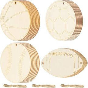 40Pcs Sport Ball Games Unfinished Wooden Football Basketball Baseball Soccer Rugby Ornaments DIY Craft Paintable Blank Cutouts Hanging Wood Slices for Bowl Game Birthday Party Decor Supplies