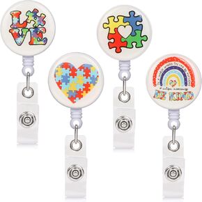 DREMISI 4Pcs Rainbow Be Kind ID Badge Holder Autism Awareness Puzzle Badge Reel Decorative Retractable Badge Reel Nursing Badge Clip Name Badge with Alligator Clip for Doctor Nurses Students Teachers