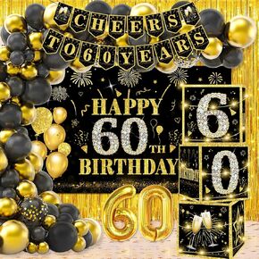 cocomigo 60th Birthday Decorations for Men 60th Birthday Decorations for Women, 87pcs Black Gold Happy 60th Birthday Party Balloons Banner Backdrop Balloon Box with Light, 60th Birthday Party Supplies in Kuwait