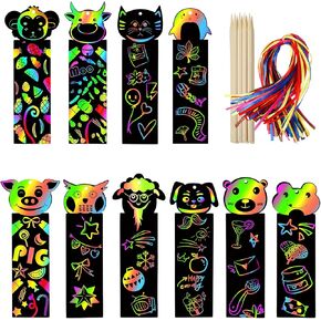 100Pcs Scratch Art Bookmarks Making Kit for Kids, Scratch Paper DIY Animal Bookmarks Bulk with 100Pcs Ribbons and 50Pcs Wood Stylus for Classroom Activities School Supplies Party Favors
