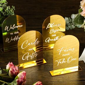Woanger 4 Pcs Arch Acrylic Wedding Reception Signs with Stand Gold Gifts and Cards Sign with Holder Arched Round Top Welcome Wedding Signs 4 x 6 Acrylic Signs Please Sign Our Guest Book Sign for