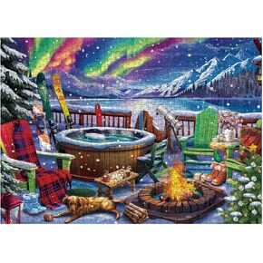 Northern Light Landscape Puzzle for Adults 1000 Pieces, Colorful Winter Dog Jigsaw Puzzle Scenery, Mountain Tree Cabin Snow Puzzle