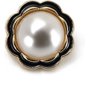 Black Enamel Edge Gold Flower Shape Faux Pearl Sewing Shank Buttons 20 Pcs - 18mm, 23/32"