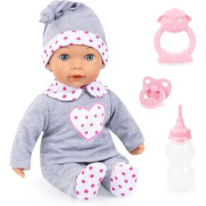 Bayer Design Doll: Interactive Tears Baby - Grey, Pink, Hearts - 15" (38cm) Soft Baby Doll W/Sound Function, Real Tears, Sleeping Eyes, Included Accessories Pacifier, Bottle, Rattle, Ages 3+
