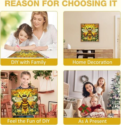MEIYUDA Bee Diamond Art Kits for Adults, 5D DIY Stained Glass Bee Diamond Painting Kits for Beginners, Round Full Drill Crystal Craft Kits for Home Wall Decor Present 12x12 Inch in Saudi Arabia