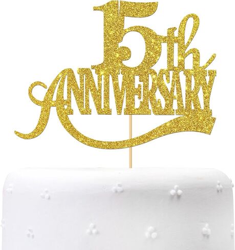 غلاف كعكة ذهبي لامع للذكرى الخامسة عشرة - من أجل الذكرى السنوية الخامسة عشرة للزفاف السعيد / حفلة عيد الميلاد الخامس عشر / هتافات حتى 15 عامًا من ديكورات الحفلات in Kuwait