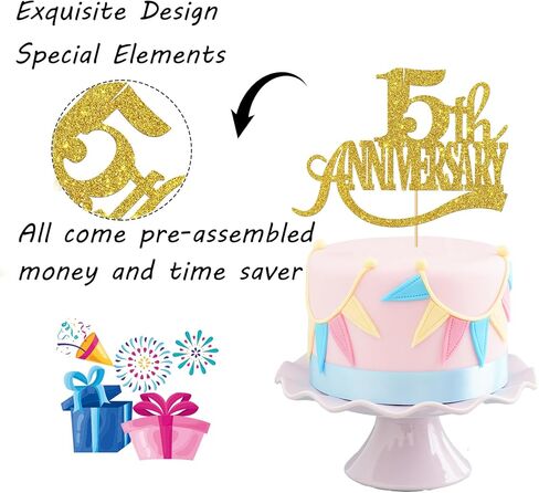 غلاف كعكة ذهبي لامع للذكرى الخامسة عشرة - من أجل الذكرى السنوية الخامسة عشرة للزفاف السعيد / حفلة عيد الميلاد الخامس عشر / هتافات حتى 15 عامًا من ديكورات الحفلات in Kuwait