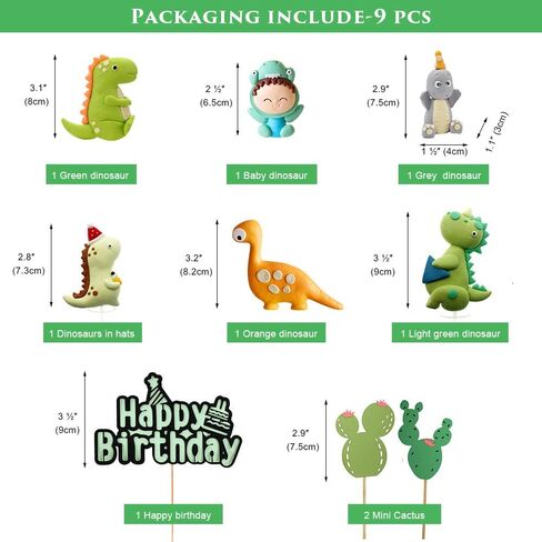 Dinosaur Themed Cake Toppers - Set of 9 - Baby Dinosaur, Dinosaurs, Cactus and Happy birthday Cake Topper in Saudi Arabia