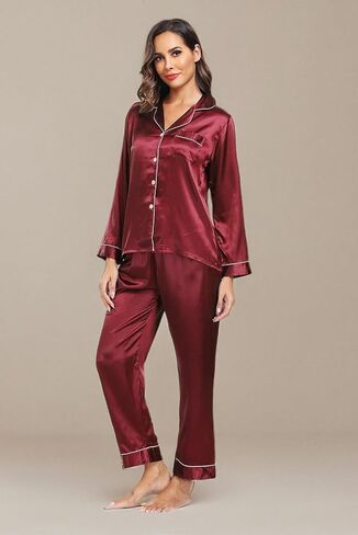 Super Shopping-zone Women's Satin Pajama Set Long Sleeve Pajamas Button Down Pjs Set Silky Sleep Set Sleepwear Loungewear in Kuwait