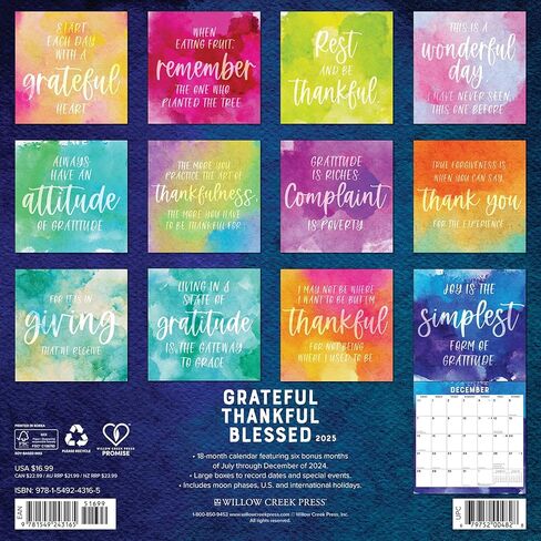 Willow Creek Press Grateful, Thankful, Blessed Monthly 2025 Wall Calendar (12" x 12") in Kuwait