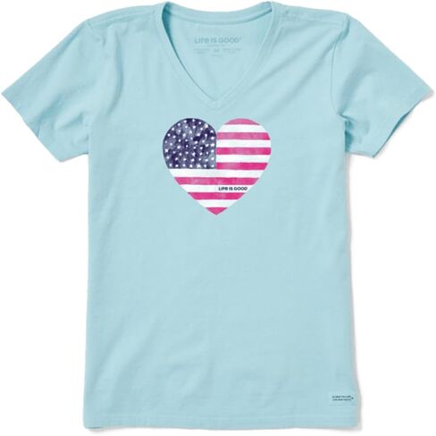 Life is Good Women's Crusher Graphic V-Neck T-Shirt Watercolor American Flag Heart in Saudi Arabia