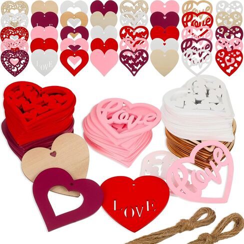 80 Pieces Valentine's Unfinished Heart Shaped Wood Slices Pre-drilled DIY Heart Slices Wooden Heart Ornaments with Natural Twine (3 x 3 Inches, Red, Pink, Wood Color, White, Purple) in Saudi Arabia