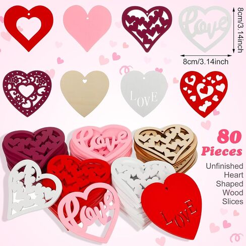 80 Pieces Valentine's Unfinished Heart Shaped Wood Slices Pre-drilled DIY Heart Slices Wooden Heart Ornaments with Natural Twine (3 x 3 Inches, Red, Pink, Wood Color, White, Purple) in Saudi Arabia