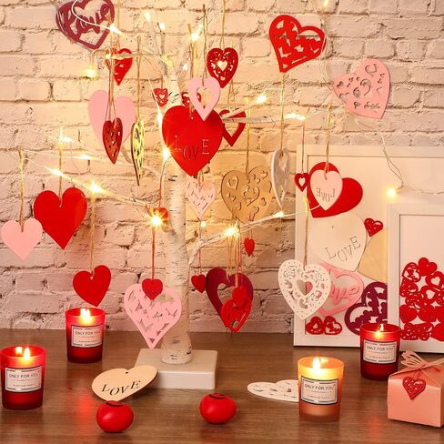 80 Pieces Valentine's Unfinished Heart Shaped Wood Slices Pre-drilled DIY Heart Slices Wooden Heart Ornaments with Natural Twine (3 x 3 Inches, Red, Pink, Wood Color, White, Purple) in Saudi Arabia