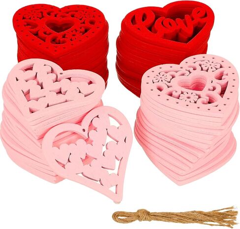 80 Pieces Valentine's Unfinished Heart Shaped Wood Slices Pre-drilled DIY Heart Slices Wooden Heart Ornaments with Natural Twine (3 x 3 Inches, Red, Pink, Wood Color, White, Purple) in Saudi Arabia