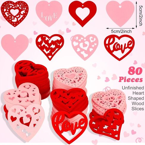 80 Pieces Valentine's Unfinished Heart Shaped Wood Slices Pre-drilled DIY Heart Slices Wooden Heart Ornaments with Natural Twine (3 x 3 Inches, Red, Pink, Wood Color, White, Purple) in Saudi Arabia