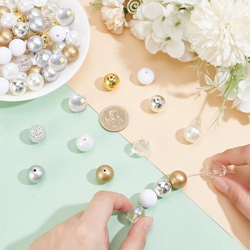PH PandaHall 102PCS Crystal Bubblegum Beads, 16mm Clear Silver Gold Chunk Beads Acrylic Beads Large Rhinestone Pearl Beads Shiny Focal Beads Round Spacer Beads for DIY Pen Key Chain Bag Necklace in Saudi Arabia