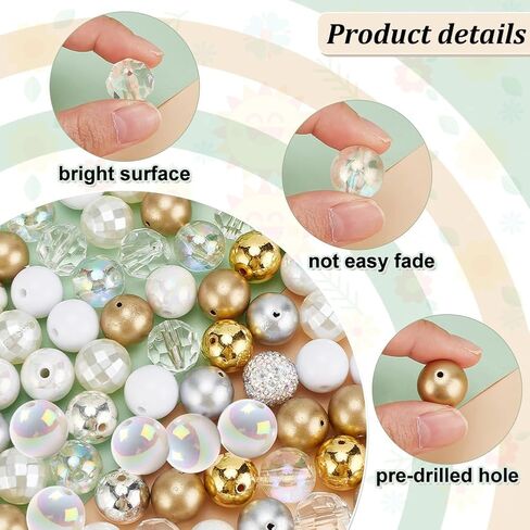 PH PandaHall 102PCS Crystal Bubblegum Beads, 16mm Clear Silver Gold Chunk Beads Acrylic Beads Large Rhinestone Pearl Beads Shiny Focal Beads Round Spacer Beads for DIY Pen Key Chain Bag Necklace in Saudi Arabia
