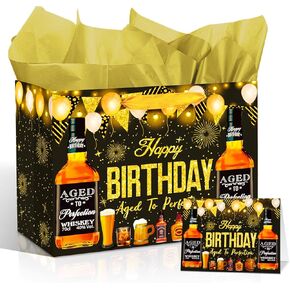 Whiskey Birthday Gift Bag for Men Whiskey Birthday Wrapping Paper Bag with Card Tissue Paper Whiskey Present Bag Beer Themed 30th 40th 50th 60th 70th 80th Birthday Gifts Christmas Gift Bag for Him Party Decorations