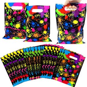Neon Gift Bags 50 Pieces Colorful Candy Bags Glow Party Favors Bags Neon Party Supplies Treat Bags Plastic Goodie Bags with Handles for Kids Art Birthday Retro 80s 90s Birthday Party Decorations