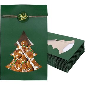 Whaline 25Pcs Christmas Paper Treat Bags with Pine Tree Window Xmas Green Thick Goodie Candy Bags Party Favor Bags with Stickers for Winter Holiday Party Gift Wrapping