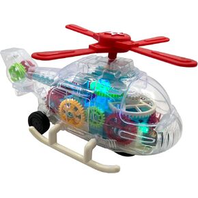 LED Light up Helicopter Toy with Colorful Light Moving Wheel Music Fun Gear Transparent Educational Bump and Go Toy Car for Kids- Battery Including