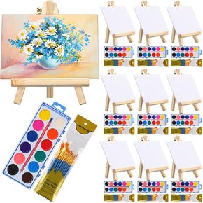 Crtiin 10 Set Canvas Boards with Easel for Painting Kit Include 10 Wood Easels 10 Pcs Canvases 10 Pcs Watercolor Paint and 100 Pcs Brushes Paint and Sip Kit Art Supplies for Adults (8 x 10 Inch)