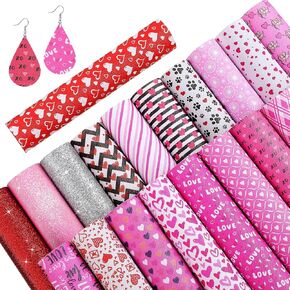 20 Pieces Valentine's Day Faux Leather Sheets Valentine Heart Printed Faux Leather Sheets Glitter Synthetic Leather Sheets for Valentine's DIY Jewelry Crafts Making, 8.27 x 6.29 Inch