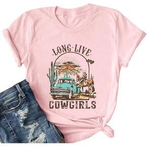 Long Live Cowboys Shirts Women Western Vintage Graphic Tees Funny Letter Print Country Music Tshirt