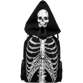 Gothic Skull Ribcage Skeleton Backpack Vintage Horror Emo Black Goth Grunge Laptop Bag Halloween Canvas Casual Daypack with Detachable Hood